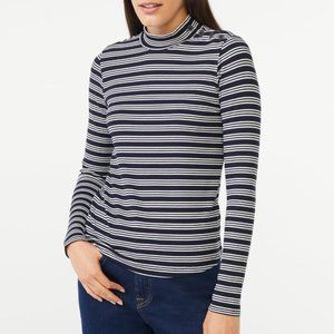 FREE ASSEMBLY Women's Button Shoulder Mock Neck Ribbed Top with Long Sleeves